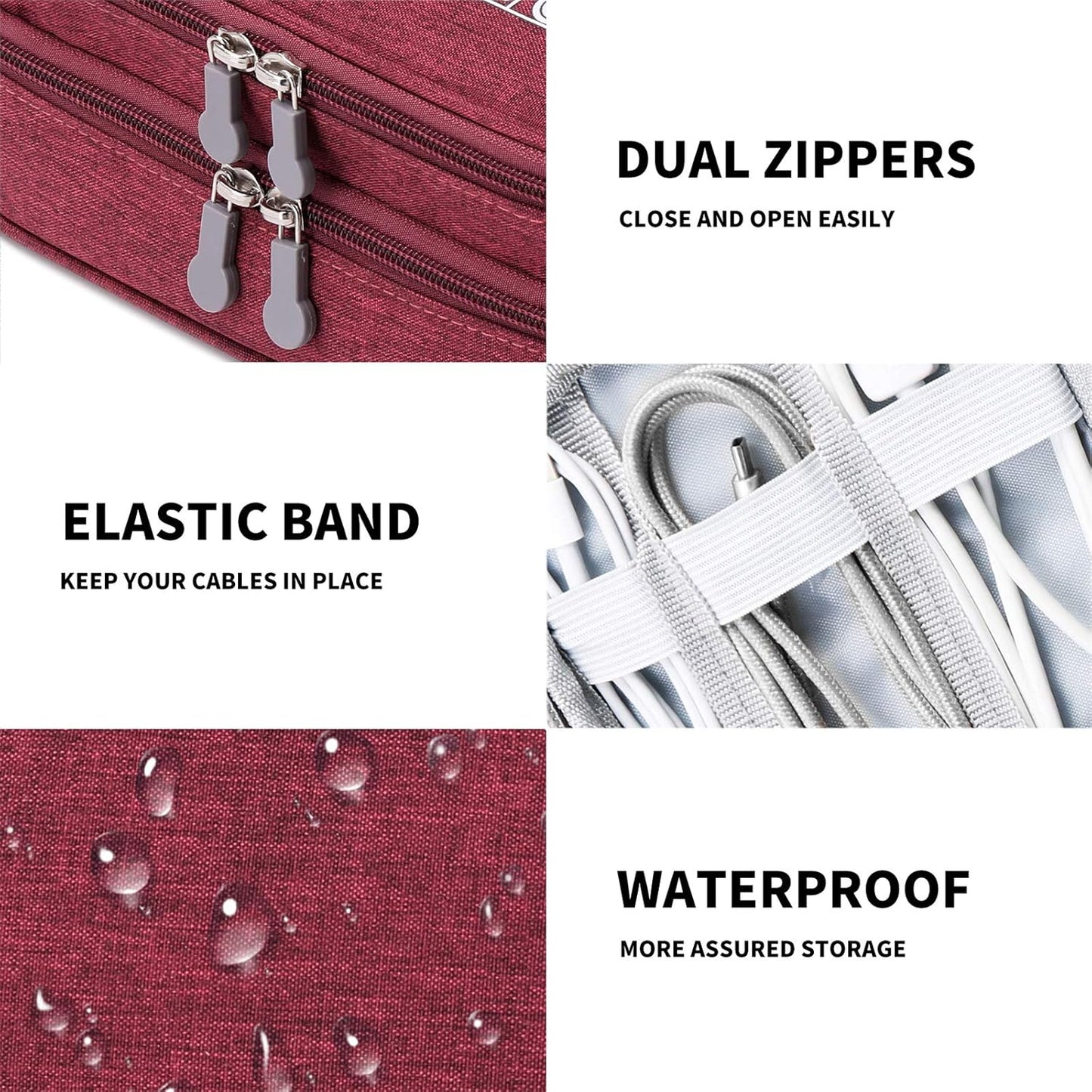 MIRLEWAIY Electronics Cable Organizer, Travel Electronic Accessories Storage Bag Double-Layer for Power Bank, USB, Fresh Drives, Chargers, Cables, Earphone, Red