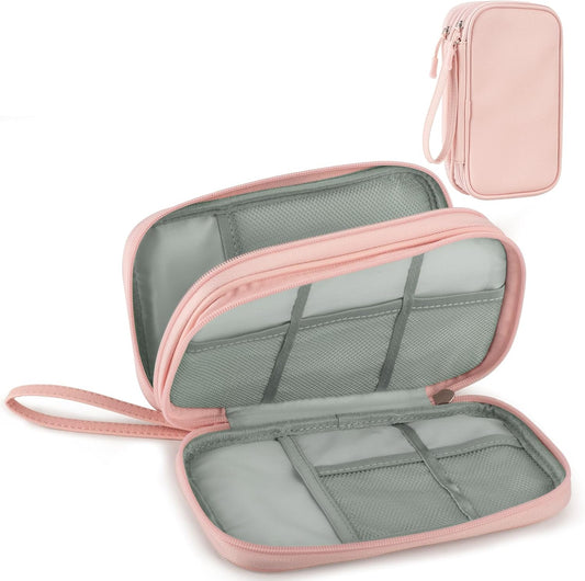 Leather Travel Electronic Organizer - Double Layer, Waterproof Case for Cables, Chargers, Phones & More - Portable, Shockproof Pouch for All Your Electronics Accessories (Light Pink, M)
