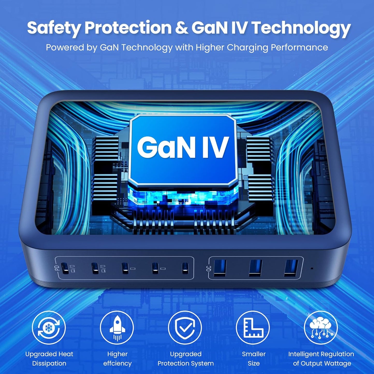 USB C Charger 415W USB C Charger Block, 8-Ports GaN IV Fast Charging Station Hub,Dual PD 100W Laptop Charger Adapter,for MacBook Pro/Air/iPad/iPhone16/15/14/13/Apple Watch/DELL/Samsung for Home(Blue)