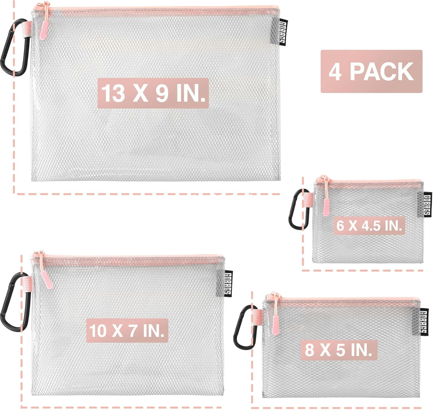 GOBAGS Air Production Multi‑Size Clear Zipper Pouch (4‑Pack) – Cable Organizer & Travel Gear Bag for Electronics, Camera Accessories, Tool Pouch & Small Tech Storage (Pink)