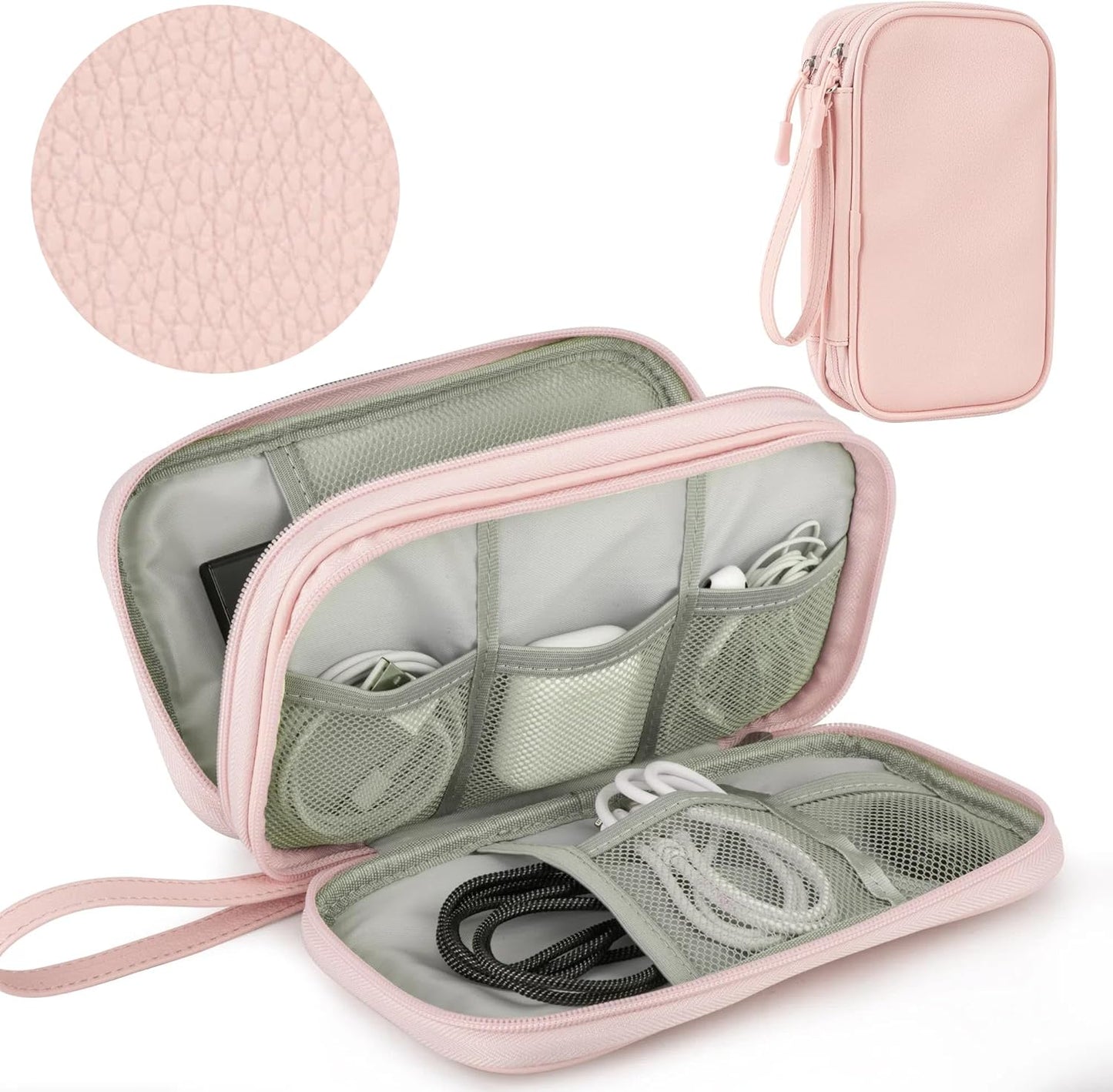 Leather Travel Electronic Organizer - Double Layer, Waterproof Case for Cables, Chargers, Phones & More - Portable, Shockproof Pouch for All Your Electronics Accessories (Light Pink, M)
