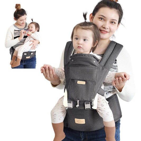 FRUITEAM Baby Carrier Newborn to Toddler, 6-in-1 Ergonomic & Adjustable Baby Carrier with Lumbar Support for All Seasons, Hands-Free, Adapt to Newborn, Infant & Toddler (Grey)