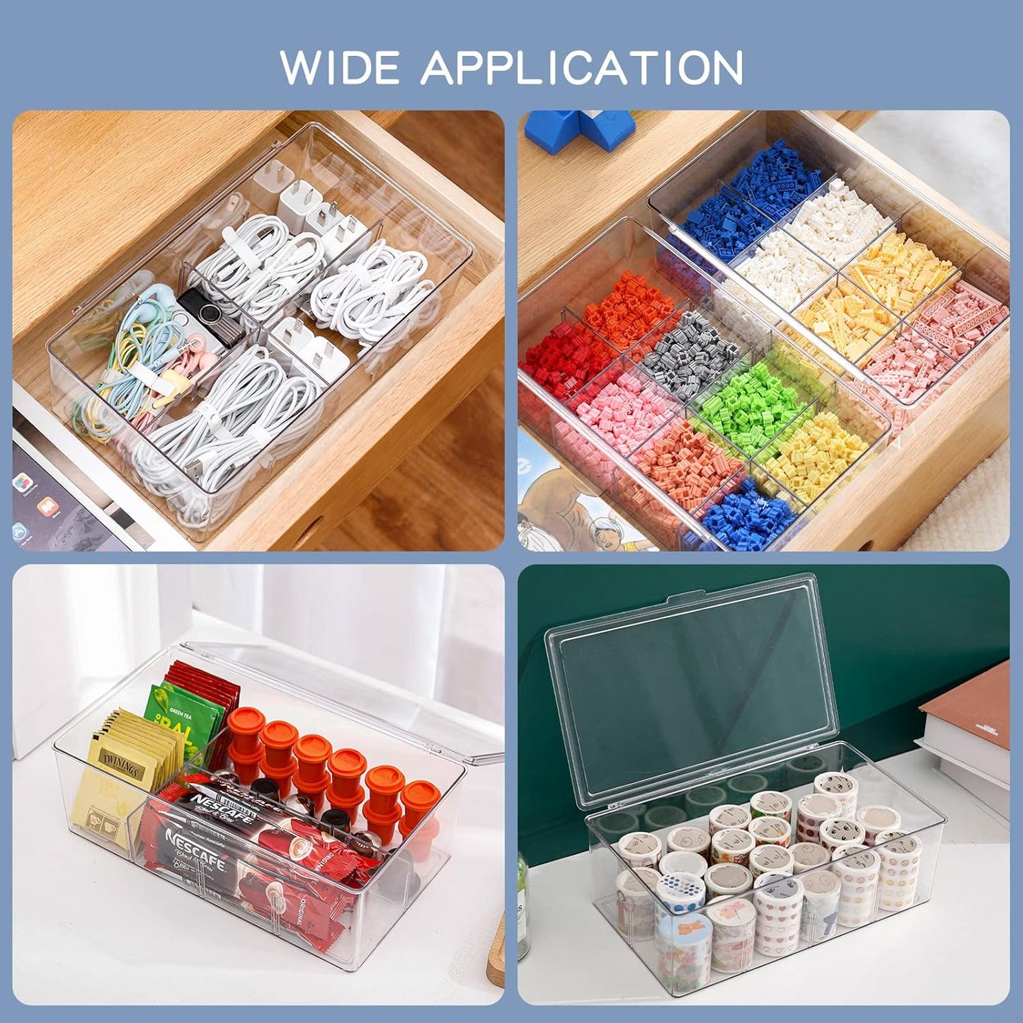 Yesesion Clear Plastic Storage Bins with Lid, Large Cable Organizer Box with Lid and 20 Wire Ties, Adjustable Electronic Cord Management Case for Desk Drawer, Home Office, Art Crafts Supply (2 PACK)