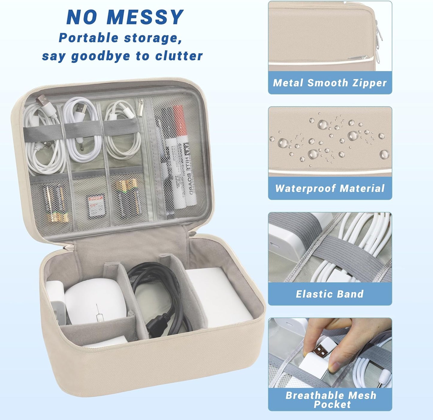 Electronics Organizer,Travel Cord Organizer Pouch, Portable Cable Organizer Bags, Waterproof Electronic Accessories Storage Case for Cables, Cords, Charger, Phone (Double Layer-Beige)