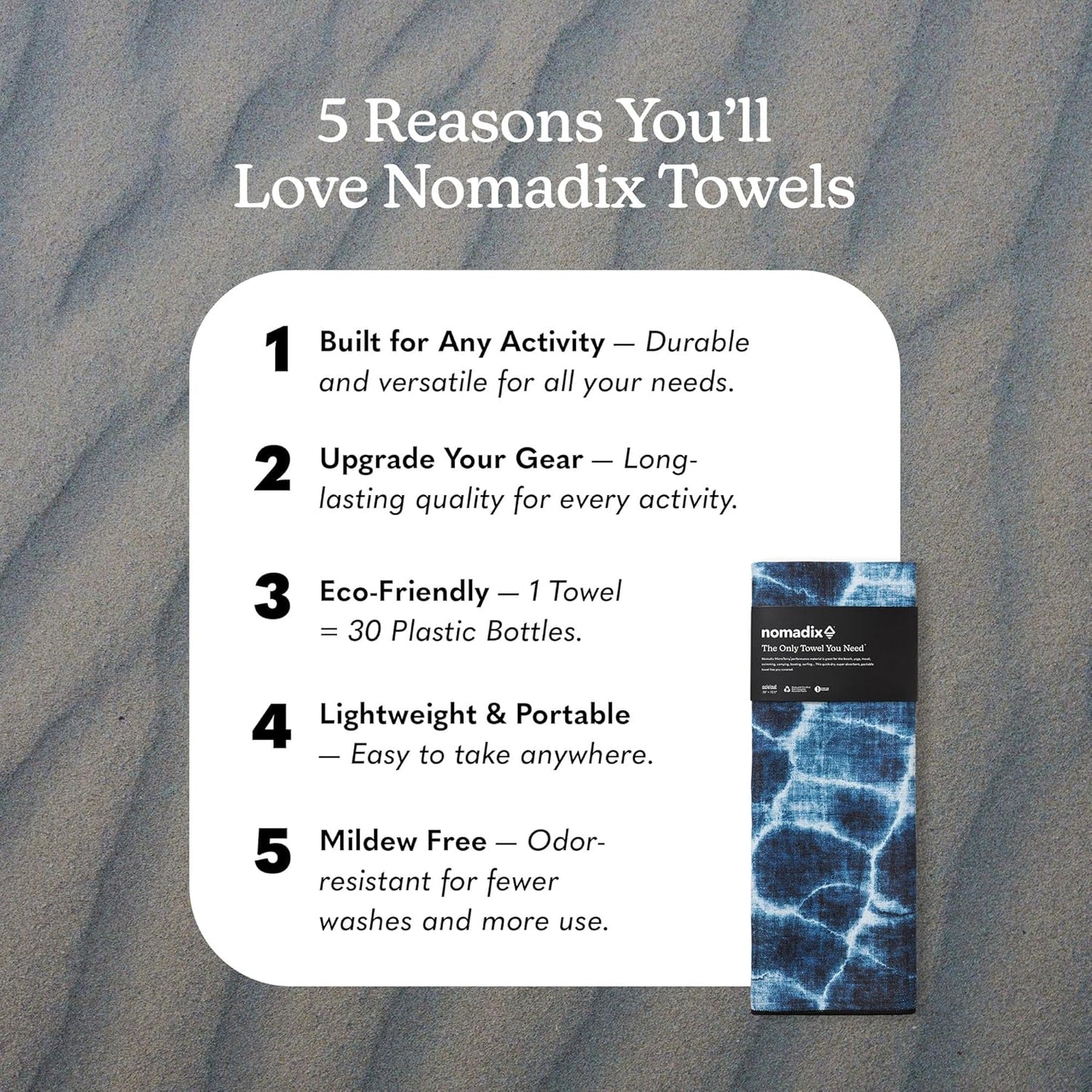 Nomadix Original Towel - Perfect for Beach, Pool, Travel, Camping, Yoga - Made with Recycled Materials - Super Absorbent - Sand Resistant- Aqua Blue - 72.5x30