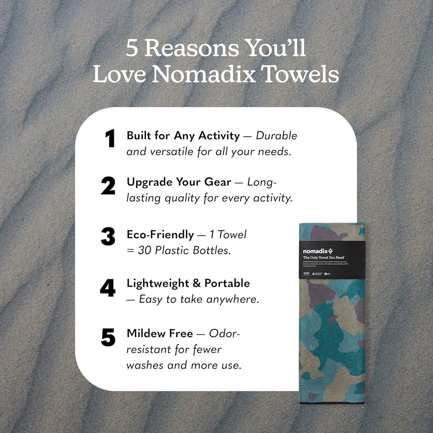 Nomadix Original Towel - Perfect for Beach, Pool, Travel, Camping, Yoga - Made with Recycled Materials - Super Absorbent - Sand Resistant - Camo Green - 72.5" x 30"