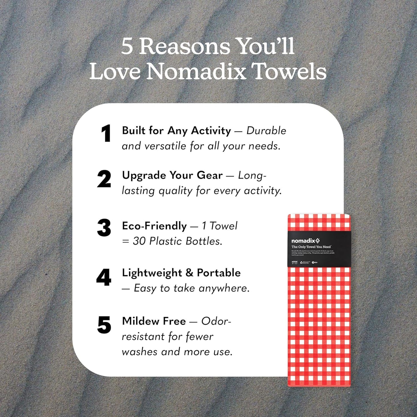 Nomadix Original Towel - Perfect for Beach, Pool, Travel, Camping, Yoga - Made with Recycled Materials - Super Absorbent - Sand Resistant - Gingham Red - 72.5x30