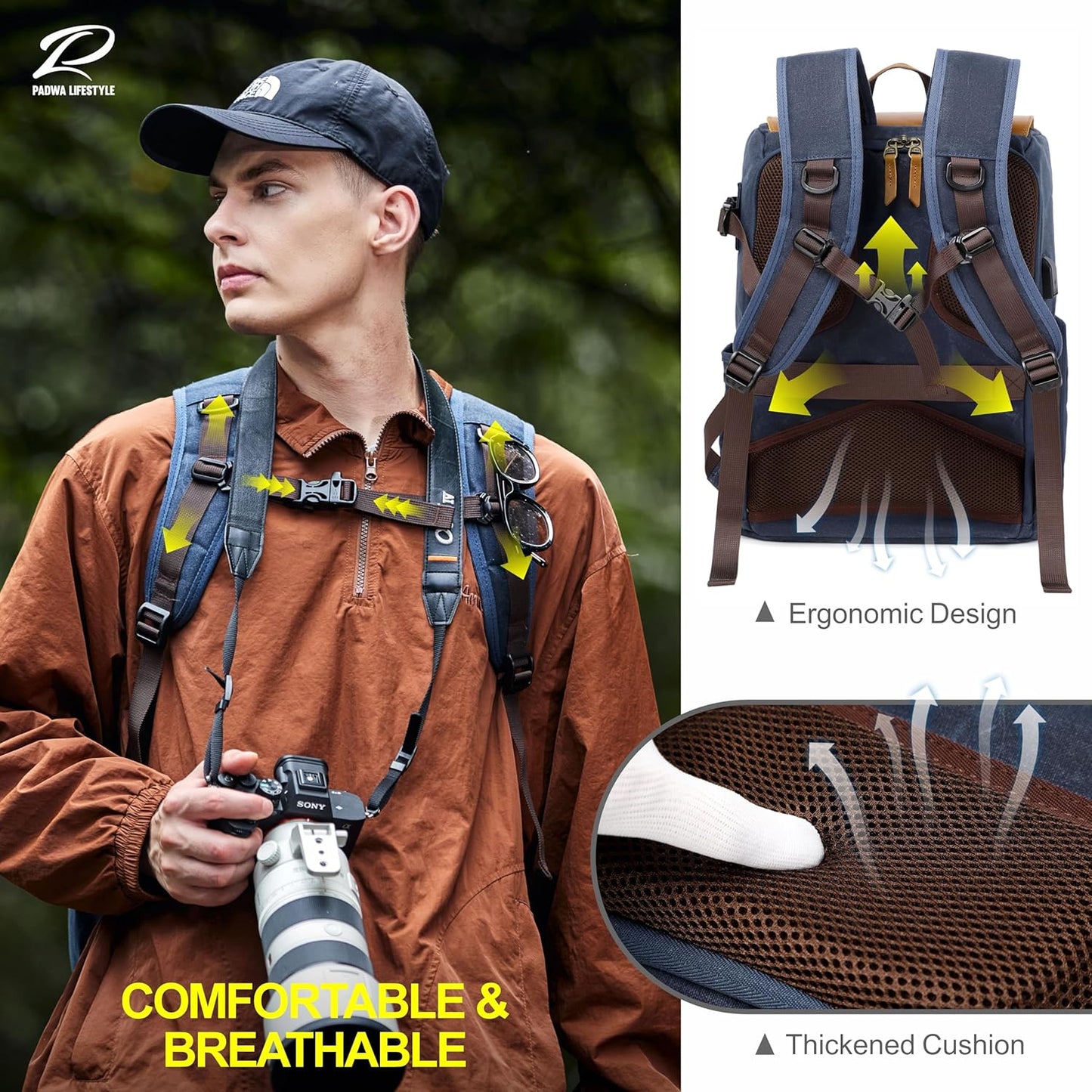 Padwa Lifestyle Blue Camera Backpack - Waxed Memory Weather Resistant Canvas Large Camera Bag,Multifunctional Dslr Camera Backpacks with Multi Cameras,Lens & 16” Laptop Compartment for Photographers