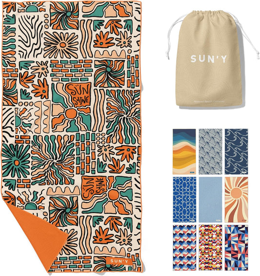 SUN'Y Beach Towel - Sand Free, Microfiber, Compact & Lightweight Travel, Quick Dry - Groovy - Large (63”x31.5”)