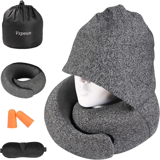 Travel Pillow - Hooded Neck Pillow Airplane Memory Foam Filling for Plane, Office, Cars Sleeping, Road Trip, Long Flights, Portable Plane Accessories, Includes Eye Mask & Earplugs (Dark Gray)