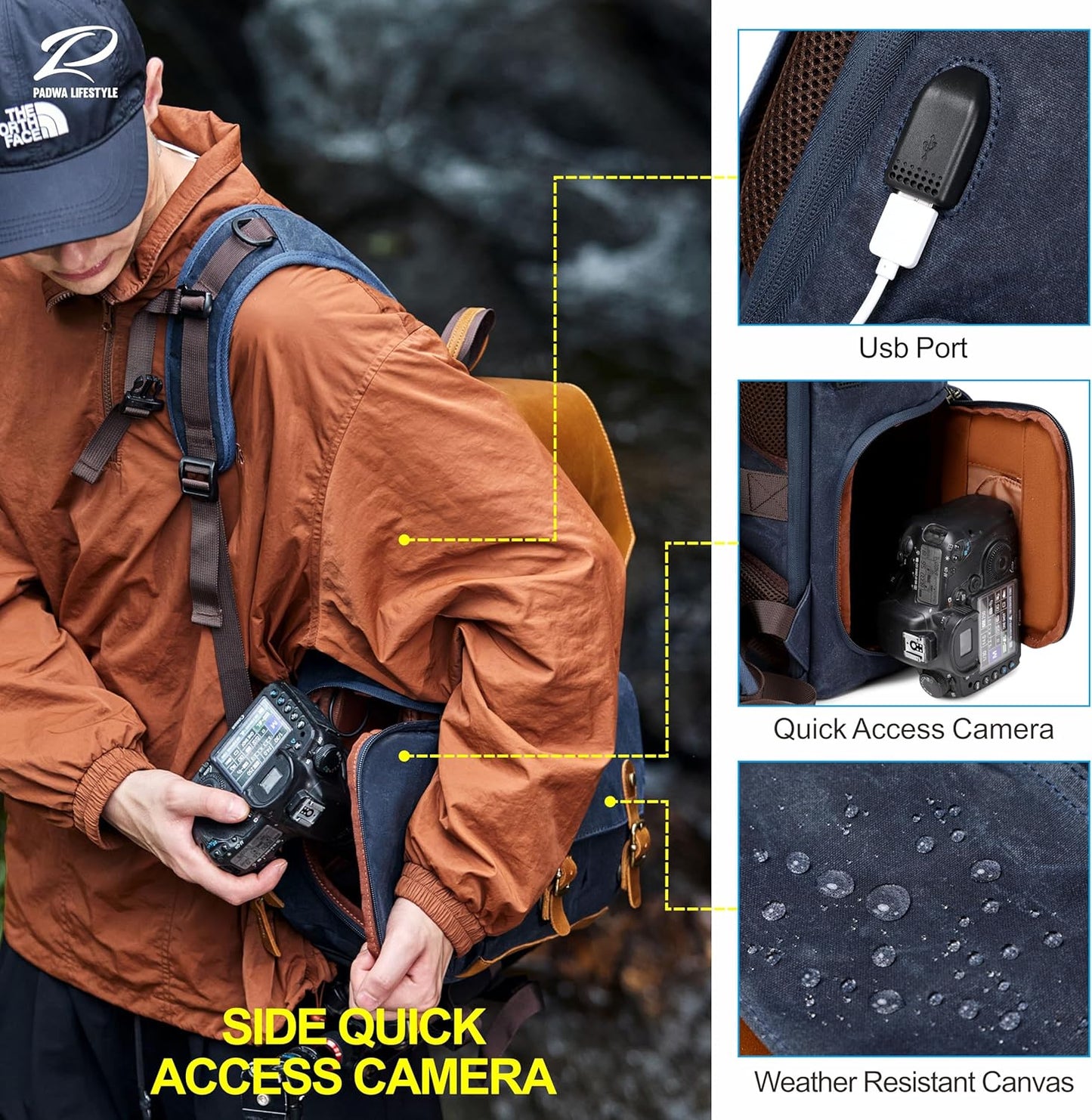 Padwa Lifestyle Blue Camera Backpack - Waxed Memory Weather Resistant Canvas Large Camera Bag,Multifunctional Dslr Camera Backpacks with Multi Cameras,Lens & 16” Laptop Compartment for Photographers